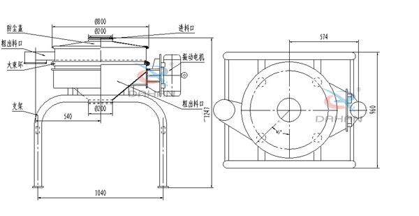 單振源直排篩機構和持續：防塵蓋（mm）：800進料口（mm）：200結構;防塵蓋，大束環，支架，振動電機，進料口等。