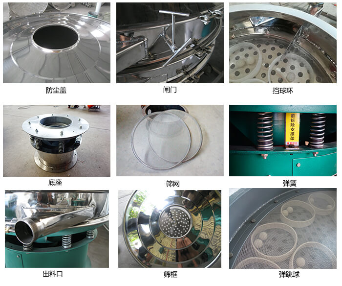 直徑600型振動篩細節：網架，料斗，篩框，擋球環，防塵蓋，閘門，出料口。
