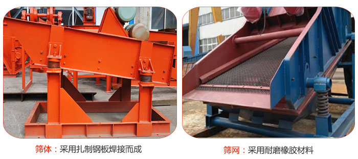 礦用振動篩特點：篩體采用扎制鋼板焊接而成，篩網采用耐磨橡膠材質