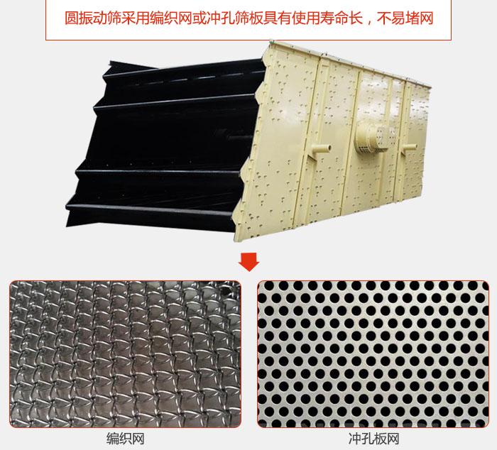 圓振動篩采用編織網或沖孔篩板具有使用壽命長，不易堵網。