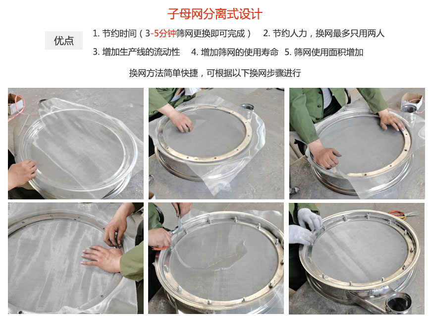 大漢振動機械換網優勢：1，節省時間（3-5分鐘篩網更換即可完成）2，節省人力，換網只有兩人。3.增加生產線的流暢性。4.增加篩網壽命，彈跳球不直接撞擊子網。5.篩網使用面積增加。