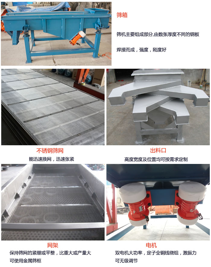 520型直線振動篩結構：篩箱：篩機主要組成部分，由數張厚度不同的鋼板焊制而成，強度，剛度好。不銹鋼篩網：能迅速換網，迅速張緊。電機：雙電機大功率，定子全銅線繞組，激振力可無極調節。網架：保持篩網的緊繃和平整，比重大或產量大時可使用金屬篩框。出料口：高度寬度及位置均可按照用戶的要求來定制。