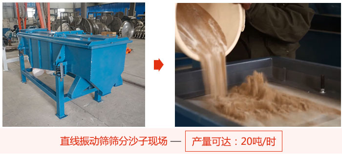 直線振動篩篩分沙子現場展示，產量高達20噸每小時。