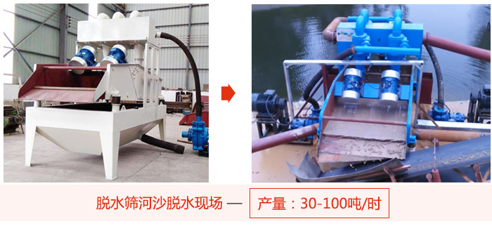 脫水篩河沙脫水現場，產量可達100噸每小時。
