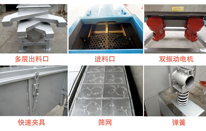 多層直線振動篩出料口，篩網，彈簧，快速夾具，振動電機等