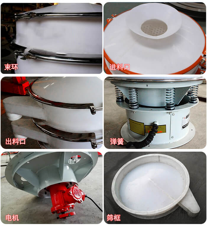 塑料防腐蝕振動篩細節:進料口，框體，網架底框，出料口等。