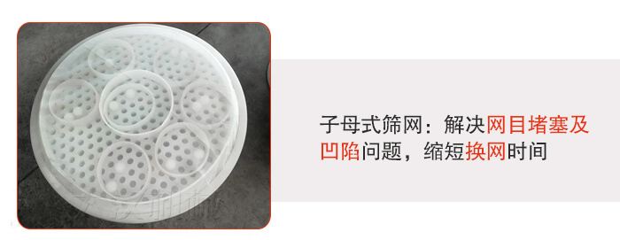 塑料防腐蝕振動篩采用子母扣式網架可安裝彈跳球進行清網，解決篩網堵塞問題。