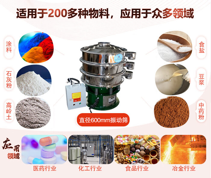 直徑600mm振動篩使用的行業:醫藥行業，公害處理，食品行業，化工行業。